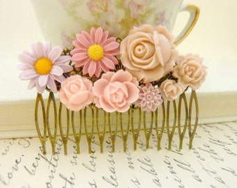 Dusty rose pink hair Comb Wedding Floral Collage Vintage flower Victorian Bridal Hair Head piece