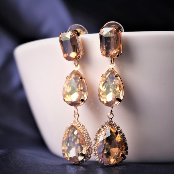 Champagne Earrings Posts Champagne Stud Gold LARGE yellow golden Brown Teardrop Drop Octagon Rhinestone Estate Style Earrings