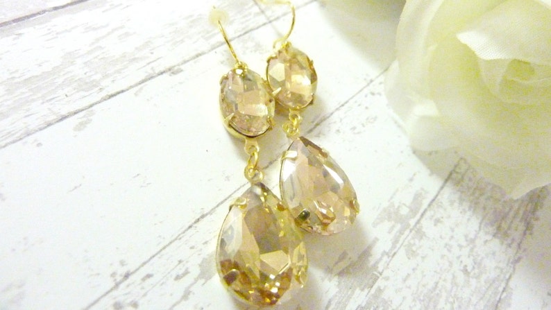 Champagne Earrings Champagne Rhinestone Teardrop Drop Vintage Estate Style Earrings image 1