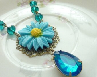 Teal Necklace teal blue Flower Necklace Victorian Vintage  Rhinestone Estate Style jewelry