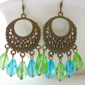 Chandelier earrings blue and green drop crystal dangle brass filigree vintage style image 3