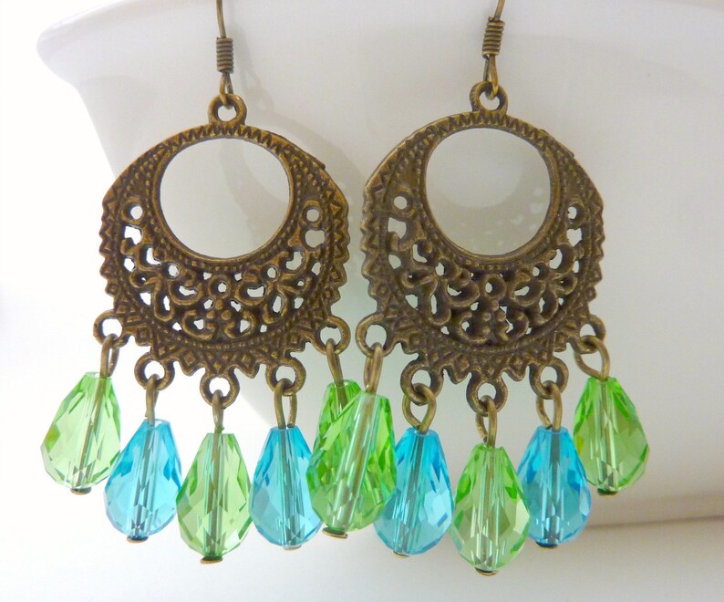 Chandelier earrings blue and green drop crystal dangle brass filigree vintage style image 3