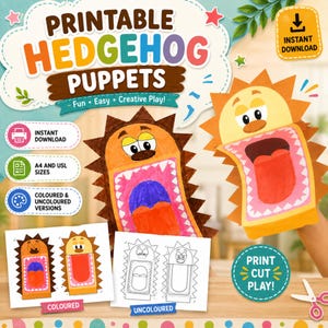Printable Hedgehog Puppet Craft Kit | Kids Activity (A4/US Letter PDF)