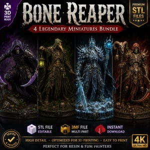 Puede incluir: Un paquete digital de cuatro miniaturas legendarias Bone Reaper con figuras esqueléticas detalladas en armaduras oscuras, heladas y de plaga. La imagen incluye etiquetas de texto para archivos STL listos para imprimir, 4K y archivos 3MF.