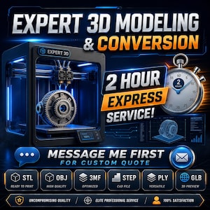Servicio de diseño 3D personalizado para impresión 3D / Modelado CAD rápido (archivos STL, STEP y 3MF) / Entrega urgente de modelos digitales imprimibles en 2 horas