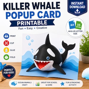 Peut inclure: Une carte popup imprimable représentant un orque noir et blanc avec une large bouche ouverte montrant un intérieur rouge et des dents blanches. La carte inclut le texte KILLER WHALE POPUP CARD, PRINTABLE, A4 & US LETTER SIZE, ainsi que des icônes.