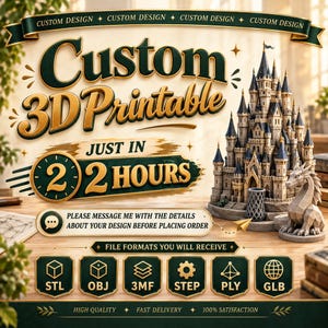 May include: A digital advertisement for custom 3D printable files featuring a detailed castle and dragon model. Text includes Custom 3D Printable, Just in 2 Hours, Please message me with the details about your design before placing order, and file formats.