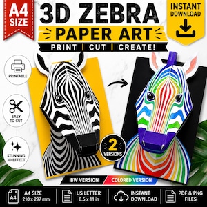 Peut inclure: Un kit d'art en papier zèbre 3D avec deux versions : une en noir et blanc et une aux couleurs arc-en-ciel. Le texte indique 3D ZEBRA PAPER ART, PRINT | CUT | CREATE, 2 VERSIONS, BW VERSION, COLORED VERSION, A4 SIZE et INSTANT DOWNLOAD.