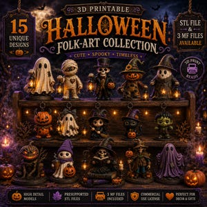 Może przedstawiać: Kolekcja 15 figurek ludowych na Halloween do druku 3D, ustawionych na drewnianej półce. Zestaw zawiera duchy, mumie, szkielety, dynie i czarownice, z których każda trzyma latarnię. Tekst głosi 3D PRINTABLE HALLOWEEN FOLK-ART COLLECTION.