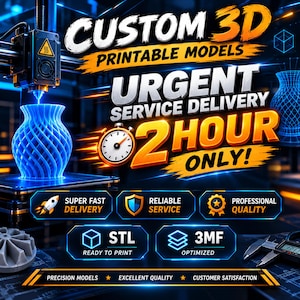 Może przedstawiać: Drukarka 3D tworząca niebieski wazon z siatki z napisami: CUSTOM 3D PRINTABLE MODELS, URGENT SERVICE DELIVERY 2 HOUR ONLY, SUPER FAST DELIVERY, RELIABLE SERVICE, PROFESSIONAL QUALITY, STL READY TO PRINT, 3MF OPTIMIZED, PRECISION MODELS, EXCELLENT QUALITY.