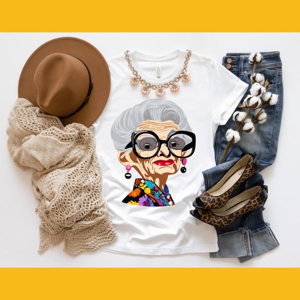 Iris Apfel inspired t-shirt. If you can be anything, be a legend. Image of an iconic older woman with great fashion sense and quirkiness.