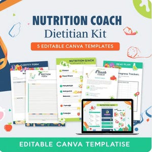 Può includere: Un kit per nutrizionisti Nutrition Coach con cinque modelli Canva modificabili. L'immagine mostra vari layout di documenti come moduli per i clienti, diari alimentari e piani pasto, con un computer portatile che visualizza i modelli.