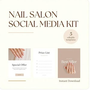 Può includere: Un kit per social media per saloni di bellezza con il testo NAIL SALON SOCIAL MEDIA KIT, 5 modelli modificabili e Instant Download. Il design include un modello per il listino prezzi, un'offerta speciale e un modello per i best seller.