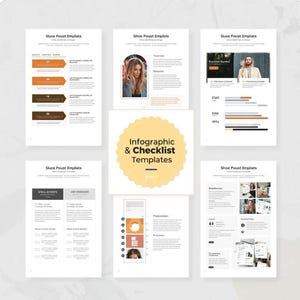 May include: A collection of digital infographic and checklist templates displayed on six separate pages. The layouts feature white backgrounds with black text, orange and brown accents, and placeholder images of people, charts, and lists.