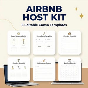 Può includere: Un kit per host Airbnb con 5 modelli Canva modificabili visualizzati su due computer portatili. I modelli includono una guida di benvenuto, regole della casa, lista di pulizia, tracker di manutenzione e calendario delle prenotazioni.