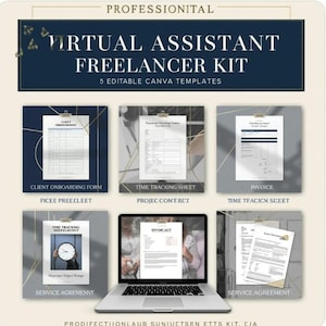 Può includere: Un kit per assistenti virtuali freelance con cinque modelli Canva modificabili. Il set include un modulo di onboarding per i clienti, un foglio di monitoraggio progetti, una fattura e un contratto di servizio, visualizzati su un laptop.