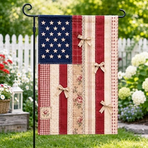 Patchwork American Flag Garden Flag, Rustic Farmhouse Patriotic Decor, Vintage Stars Stripes Banner