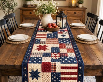 Patchwork Americana Quilted Tischläufer, Vaterländische Sterne Streifen Bauernhausdekor