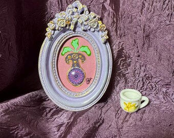 Original Acrylic Plant Painting, Ornate Lavender Frame, Nursery Wall Art
