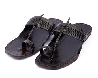 Handmade Brown Leather Kolhapuri Chappals, Braided Straps, Traditional Indian Sandals
