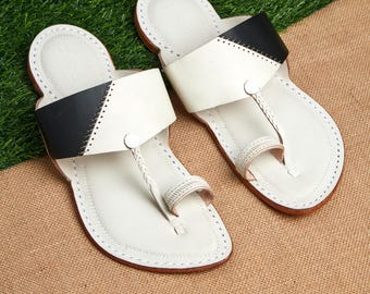 Men’s Black and White Leather Kolhapuri Sandals, Handmade Indian Traditional Flat Sandals, Ethnic Slip-On Footwear