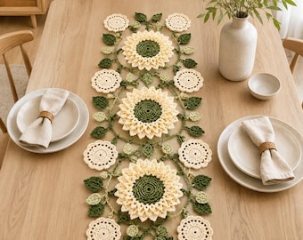 Sunflower Crochet Table Runner Pattern, Cream Green Floral Boho Home Decor (PDF Guide)