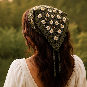 Crochet Daisy Bandana Pattern PDF, Boho Hair Scarf Tutorial, Head Kerchief Digital Download