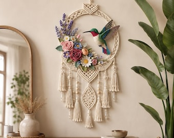 Patrón de aro de macramé con colibrí a crochet, tutorial para tapiz de pared con mandala floral (PDF)