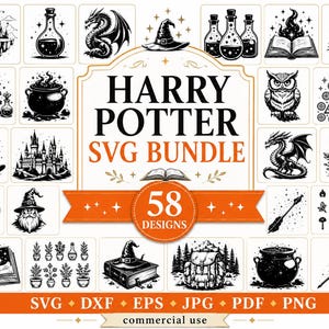 May include: A digital collection of 58 black and white graphic designs featuring fantasy elements like wizards, dragons, castles, spell books, cauldrons, and potions. The central text reads HARRY POTTER SVG BUNDLE 58 DESIGNS, with file formats listed below.