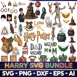 May include: A digital collection of Harry Potter themed graphic elements including the Hogwarts crest, a sorting hat, a golden snitch, wands, cauldrons, Dobby, Hedwig, and various text designs like Wizard Boy and Wizard Mom, labeled as a Harry SVG Bundle.