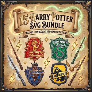 May include: A digital graphic featuring the text 15 Harry Potter SVG Bundle and Instant Download 15 Premium Designs on a parchment background. It displays four house crests: Gryffindor, Slytherin, Ravenclaw, and Hufflepuff, with magic wands and lightning bolts.