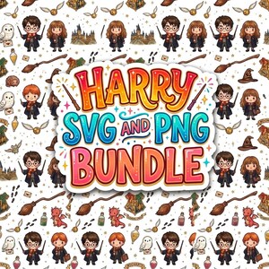 May include: A digital pattern featuring cartoon characters, owls, castles, and wands with a central white label containing the text HARRY SVG AND PNG BUNDLE in colorful, bold, bubble-style lettering with small star and sparkle accents.