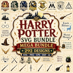 May include: A digital design collection featuring the text Harry Potter SVG Bundle Mega Bundle 292 Designs SVG PNG EPS DXF AI. The image displays various icons including house crests, wands, a sorting hat, a golden snitch, and quotes on a cream background.
