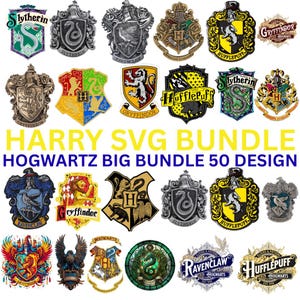 May include: A digital collection of 50 graphic designs featuring various crests, shields, and emblems with animal motifs, including text labels like Slytherin, Ravenclaw, Hufflepuff, and Gryffindor, with the text HARRY SVG BUNDLE HOGWARTZ BIG BUNDLE 50 DESIGN.