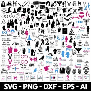 Könnte beinhalten: Eine digitale Sammlung von schwarzen, blauen und pinken Silhouetten und Textdesigns mit ikonischen Motiven aus der Harry-Potter-Reihe, darunter Brillen, Schlösser, Zauberstäbe, Eulen und verschiedene Zitate wie Always, Lumos und Free Dobby.