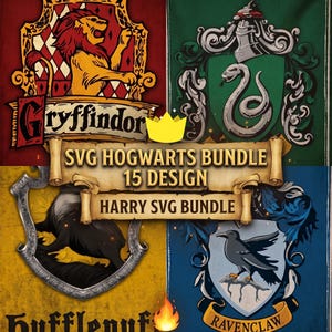 May include: A digital graphic featuring four house crests: a red Gryffindor lion, a green Slytherin snake, a yellow Hufflepuff badger, and a blue Ravenclaw raven. A central tan scroll banner displays the text SVG HOGWARTS BUNDLE 15 DESIGN HARRY SVG BUNDLE.