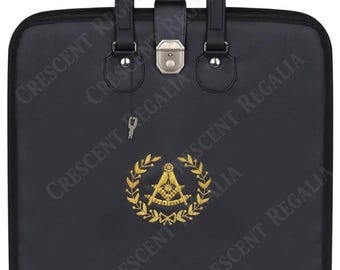 Masonic Past Master Apron Case Black Faux Leather Briefcase Handmade Gold Bullion Embroidered Bag
