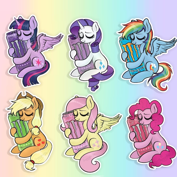 Pegatinas holográficas de My Little Pony Mane 6 abrazando a Monster Energy Drink