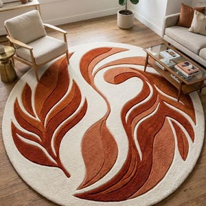 Rond, handgetuft wollen vloerkleed, abstract bladpatroon, modern beige/roestbruin vloerkleed, eigentijdse woonkamerdecoratie, vloerkleed op maat