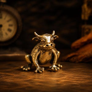 May include: A small, metallic brass figurine depicting a hybrid creature with the body of a frog and the head of a bull, featuring textured skin, pointed horns, and webbed feet, crafted with a polished finish and detailed facial features.