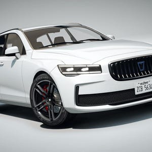 Puede incluir: Un coche familiar blanco con una parrilla de lamas verticales negras con un emblema azul, faros LED afilados y llantas de radios múltiples de color gris oscuro con pinzas de freno rojas. La matrícula delantera muestra el texto ZCB 5634.