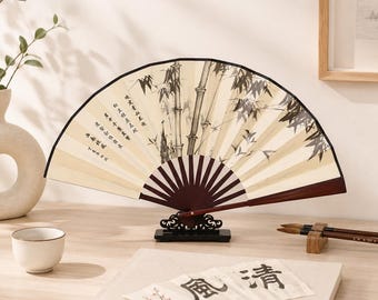 Abanico plegable chino de seda y bambú – Decoración de pared vintage, abanico japonés retro, regalo para hombres, artesanía asiática