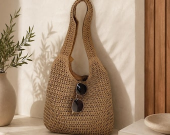 Boho Crochet Tote Bag, Woven Shoulder Bag, Beige Summer Bag, Handmade Crochet Purse, Beach Tote, Gift for Women