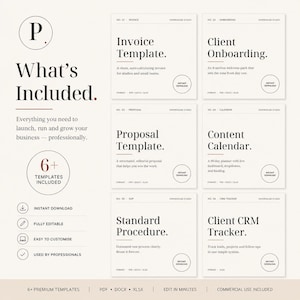 Puede incluir: Una colección de plantillas comerciales digitales que incluye seis documentos distintos: Invoice Template, Client Onboarding, Proposal Template, Content Calendar, Standard Procedure y Client CRM Tracker. El diseño incluye encabezados de texto, descripciones e iconos.