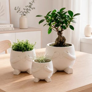 May include: Three white ceramic planters shaped like figures covering their eyes with their hands. Each planter features a rounded body, small feet, and a smiling mouth. The planters contain a small bonsai tree and two different green leafy plants.