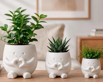 Maceta con forma de manos de corazón, maceta personalizada con nombre, maceta para suculentas con carita sonriente, regalo kawaii para amantes de las plantas, regalo para amantes de las plantas, impresión 3D.