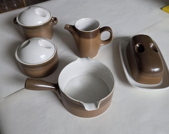 Vintage Mikasa Potters Art Buckskin 5-Piece Serving Set | Ben Seibel PF012 | 1970s Stoneware Japan