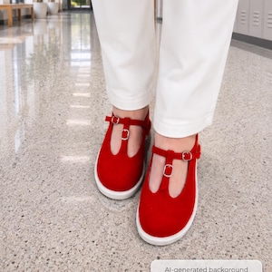 May include: A pair of bright red T-strap shoes featuring a rounded toe, a thin adjustable ankle strap with a silver-toned metal buckle, and a vertical strap connecting to the vamp. The shoes are finished with a clean, solid white rubber sole.