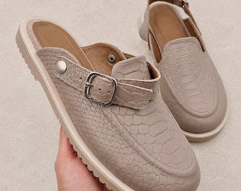 Leren klompen voor dames, anatomische blotevoetenmuiltjes, schoenen met krokodillenprint en gesp, platte schoenen met brede neus