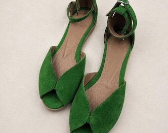 Green Suede D'Orsay Sandals Women, Ankle Strap Open Toe Flats, Handmade Comfortable Summer Footwear, Elegant Peep Toe Shoes